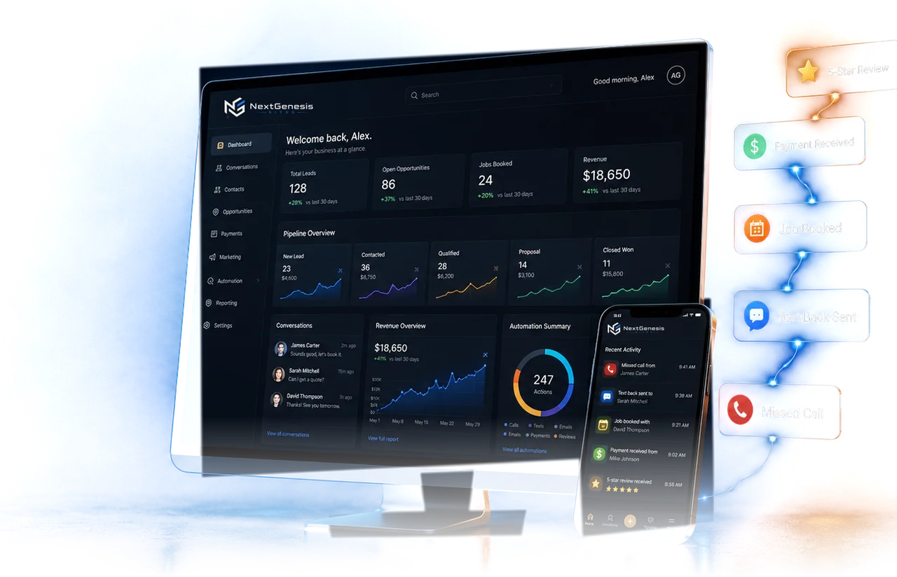 The Next Genesis dashboard on a monitor and a phone, with a missed call turning into a text back, a booked job, a payment, and a five-star review.