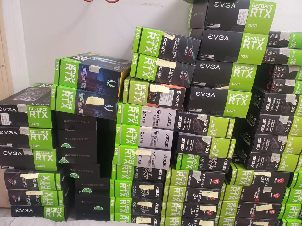 Stacks of graphics card boxes used for Ethereum mining