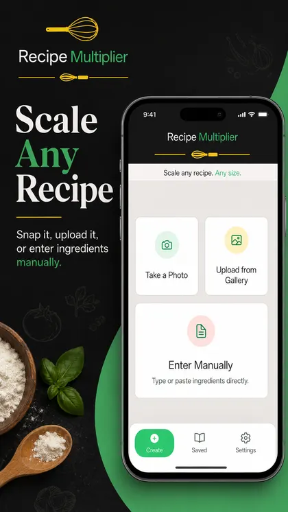 Recipe Multiplier create screen with photo, gallery, and manual entry options