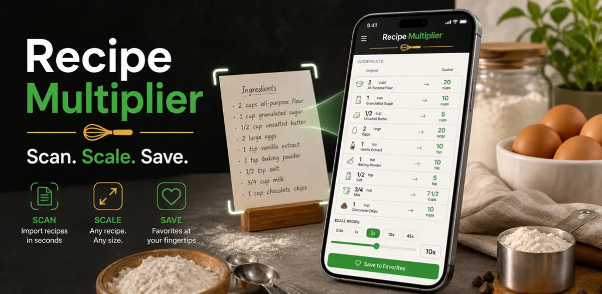 Recipe Multiplier product graphic with app interface, recipe card, and ingredients