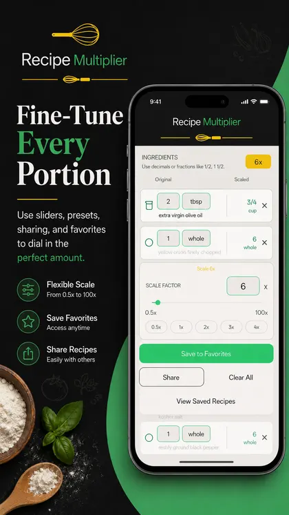 Recipe Multiplier fine-tuning screen with scale factor controls and favorites