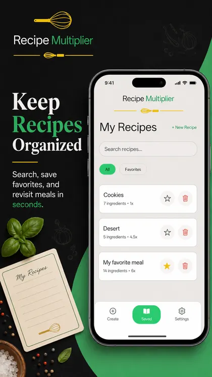 Recipe Multiplier saved recipes screen with favorites and search