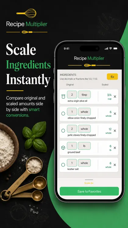 Recipe Multiplier ingredient scaling screen with side-by-side converted amounts