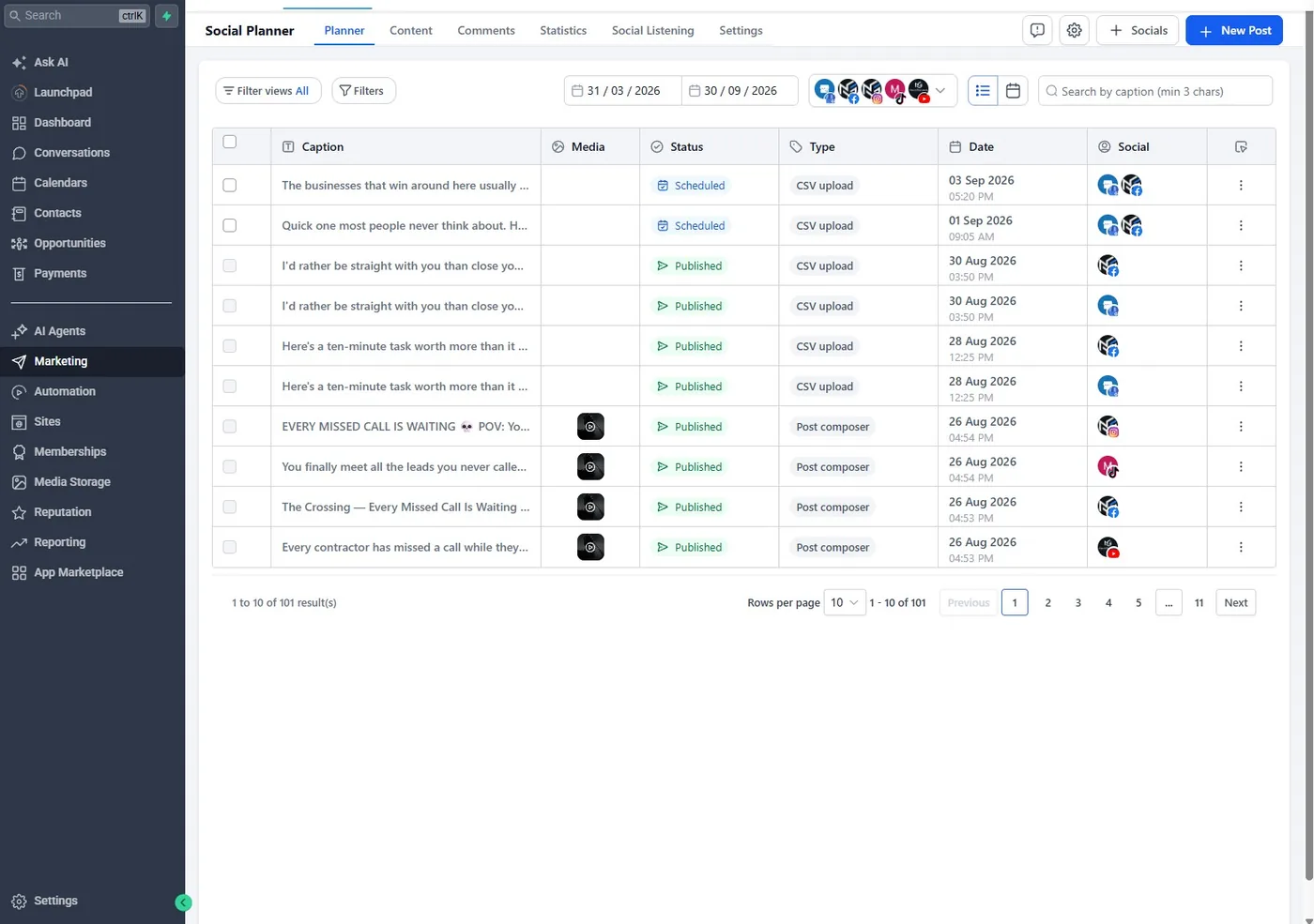 The campaign and social planner calendar inside the CRM