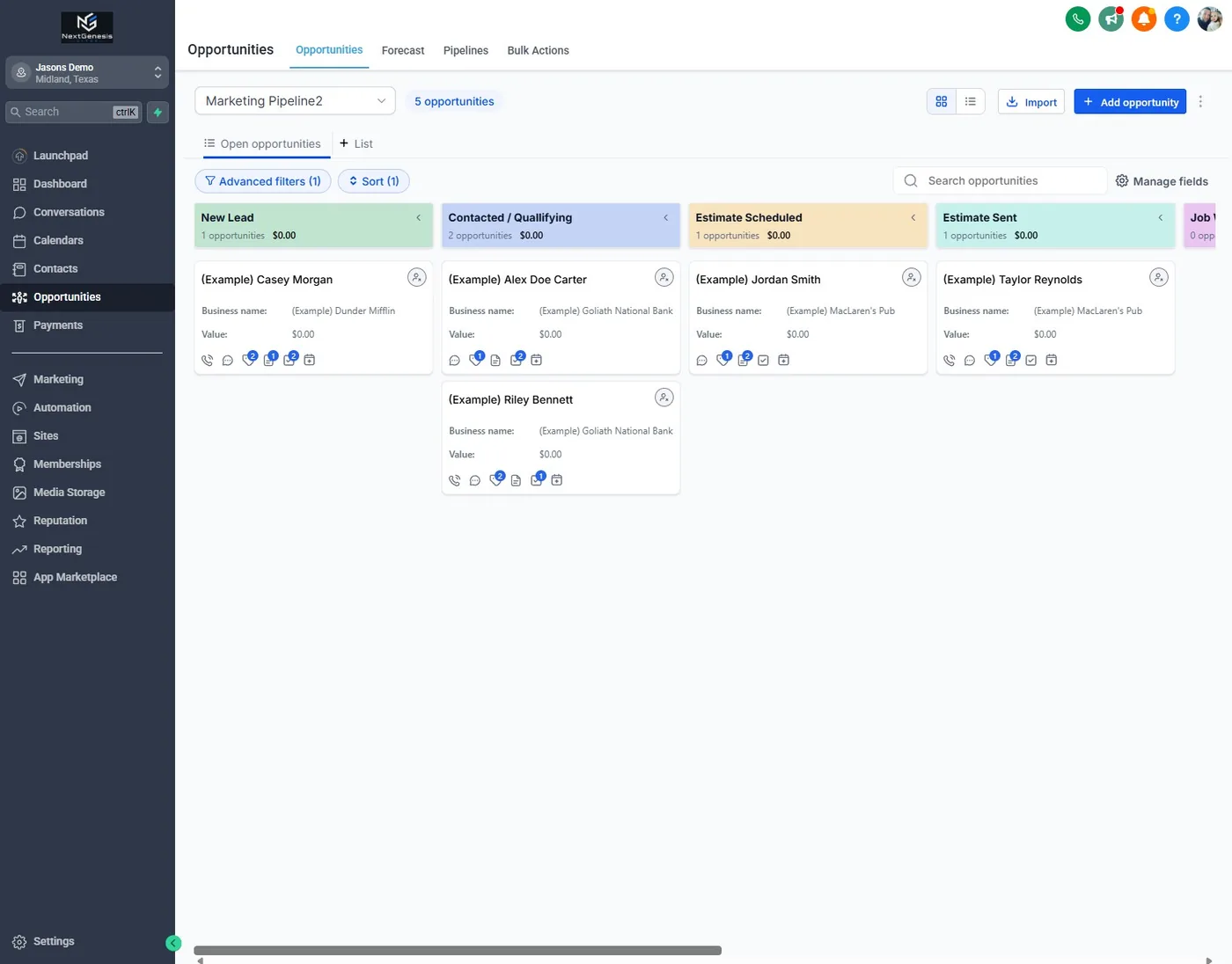 CRM opportunities pipeline with customer cards arranged by sales stage
