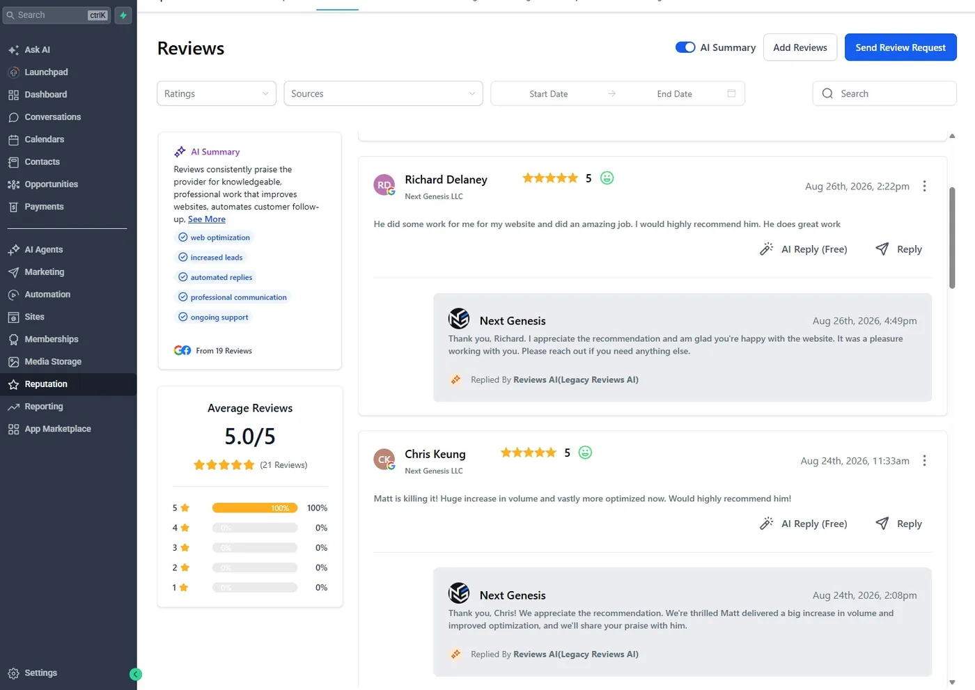 CRM reputation screen showing customer reviews and reply controls