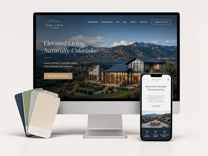 Custom website shown on desktop and mobile beside its color palette
