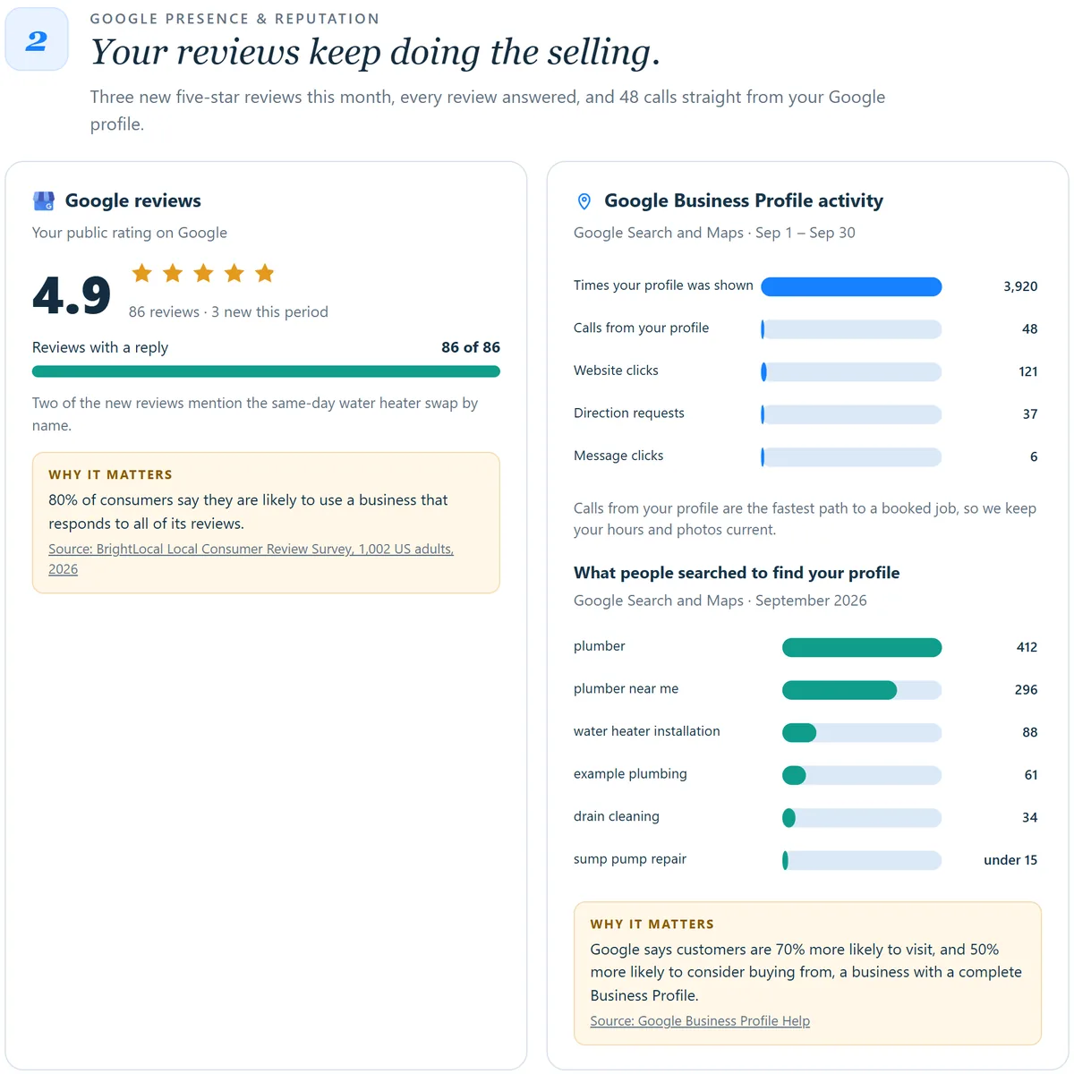 Sample reputation section: Google rating and replies, Business Profile views, calls, website clicks, directions and messages, and the searches that found the profile, each with a sourced note. Example numbers.